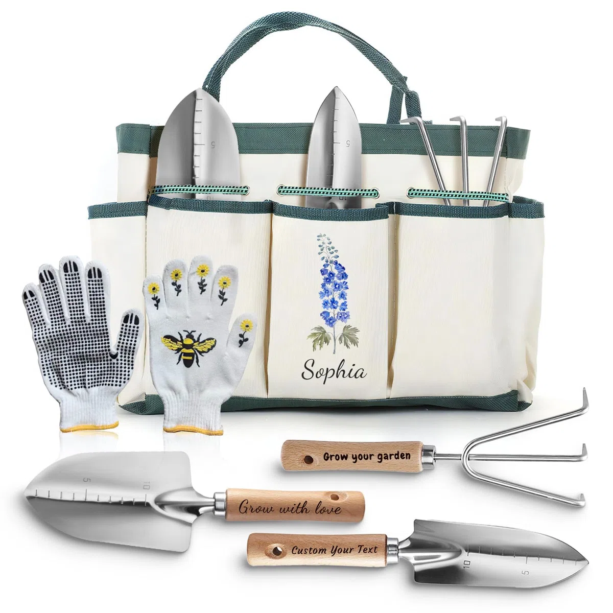 Set di Attrezzi da Giardinaggio Personalizzati, Kit di Forniture da Giardinaggio, Regali da Giardinaggio per Donne, Borsa Organizzatore per Attrezzi da Giardino con Fiore di Nascita e Nome