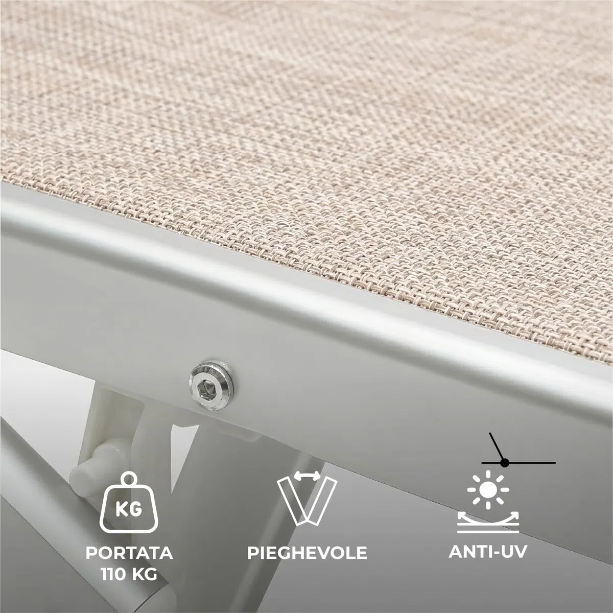 Lettino Prendisole Professionale Pieghevole e Impilabile con Parasole Regolabile, Schienale Reclinabile 2 Posizioni, Struttura in Alluminio, Tessuto Impermeabile UV Resistente, Portata 110 Kg - Beige