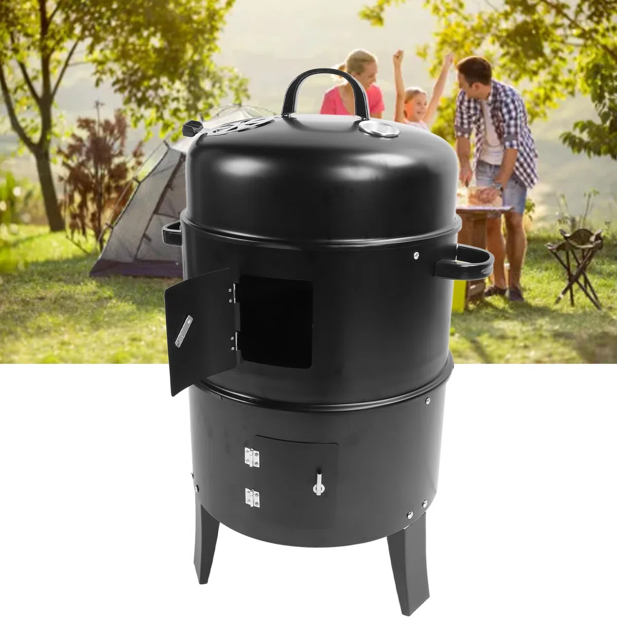 3 in 1 Fumatore Verticale e Grill Barbecue con Termometri per Famiglie All'aperto