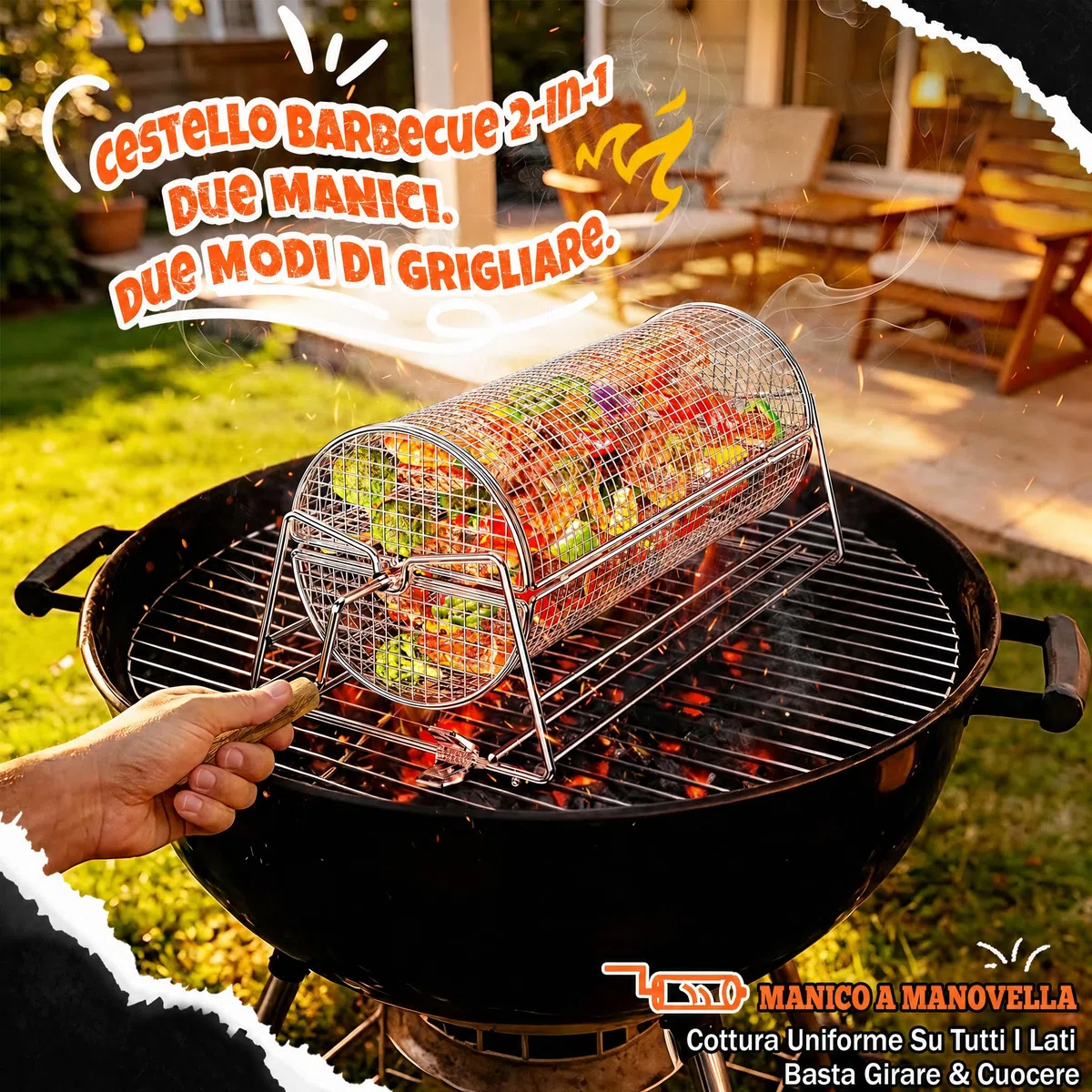 2-in-1 Cestello Barbecue Rotolabile Rotante, Acciaio Inossidabile 304 con Doppi Manici Rimovibili, Accessori per Verdure Gamberetti, Idea Regalo Uomo Papà Marito Compleanno Papà Marito Compleanno