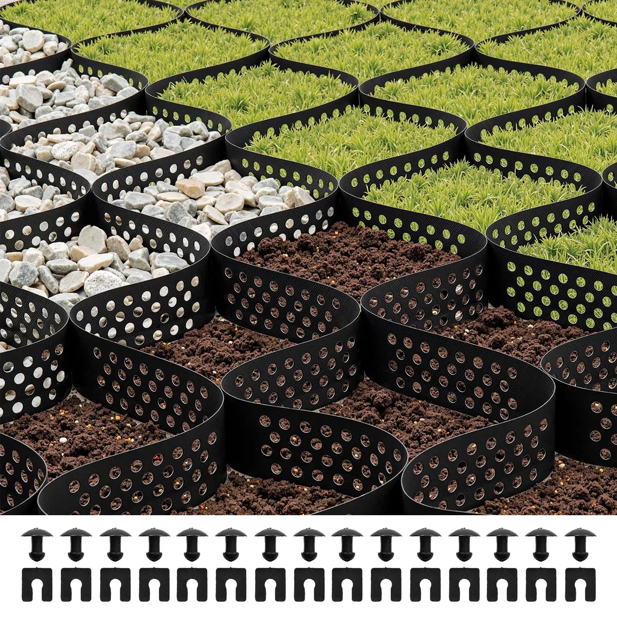 VEVOR Griglia di Ghiaia da Giardino Rete di Ghiaia Profondità 75 mm Spessore 1,5 mm 5200 x 2700 mm, Contenimento del Terreno Erboso, Griglia per Erbe Stabilizzazione, Giardino, Parco