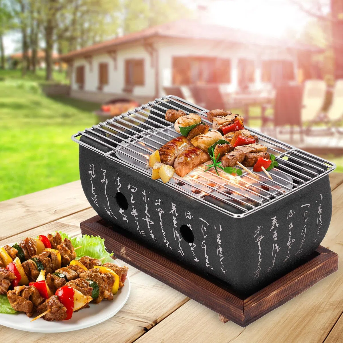 Barbecue giapponese – Griglia rettangolare per barbecue in stile giapponese | Barbecue portatile rettangolare con rete a carbonella per la casa BBQ, barbecue a carbonella cromato a | giapponese | Barbecue portatile rettangolare con rete a carbonella per l