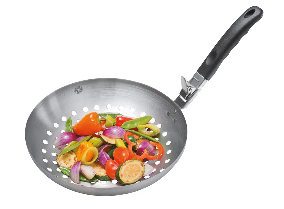 GEFU ge89250 Wok a Verdura Barbecue con Manico Rimovibile in Acciaio Inox 29 x 28,5 x 10 cm