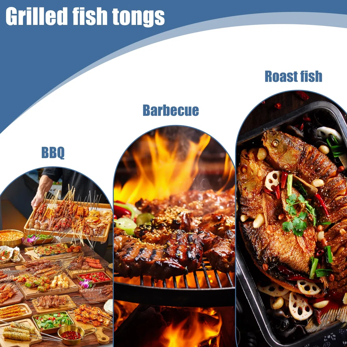 3 x arrosti per pesce, in acciaio inox, con manico in legno, 62 x 12 cm, per grigliare, barbecue, pieghevole, pinza portatile, colore: argento