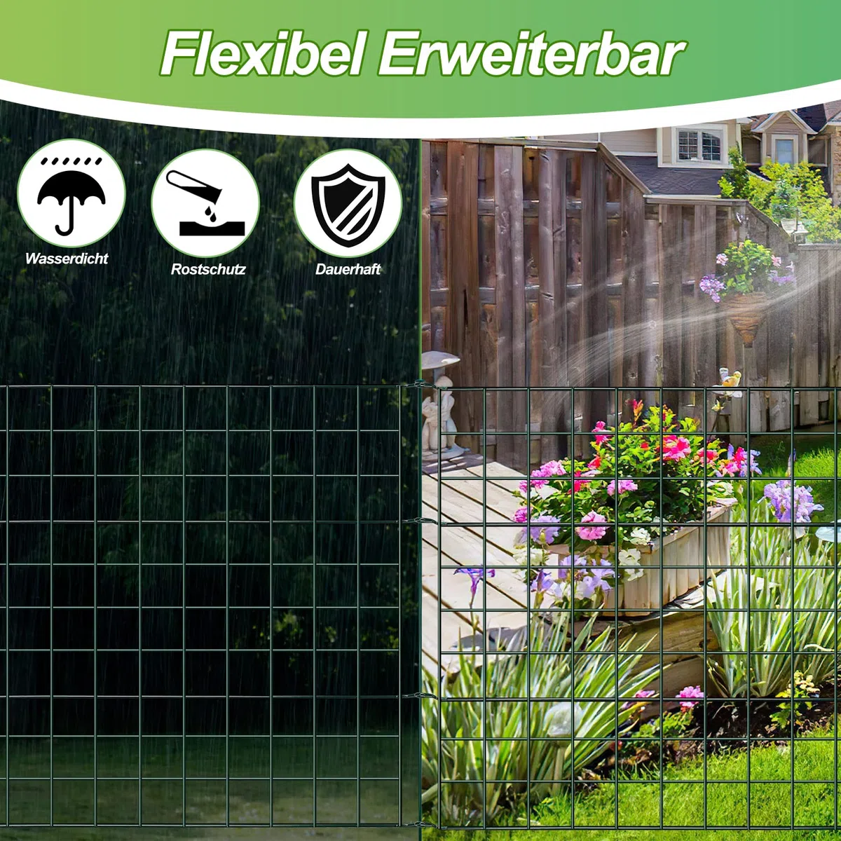 Recinzione per laghetto da giardino, set completo in metallo, 5 elementi di recinzione, lunghezza 3,74 m, con 6 aste di fissaggio, recinzione per cani, set per barriera per animali (dritto