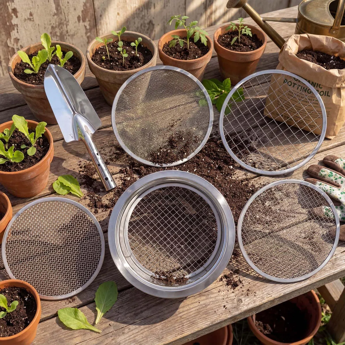 5 in 1 Setaccio da Giardino in Acciaio Inox Ø maglie 1, 3, 6, 9, 12 mm Setaccio per Sabbia + 1 Vanga a Mano Per Terra, Pietre, Compost, Erbacce e Sabbia