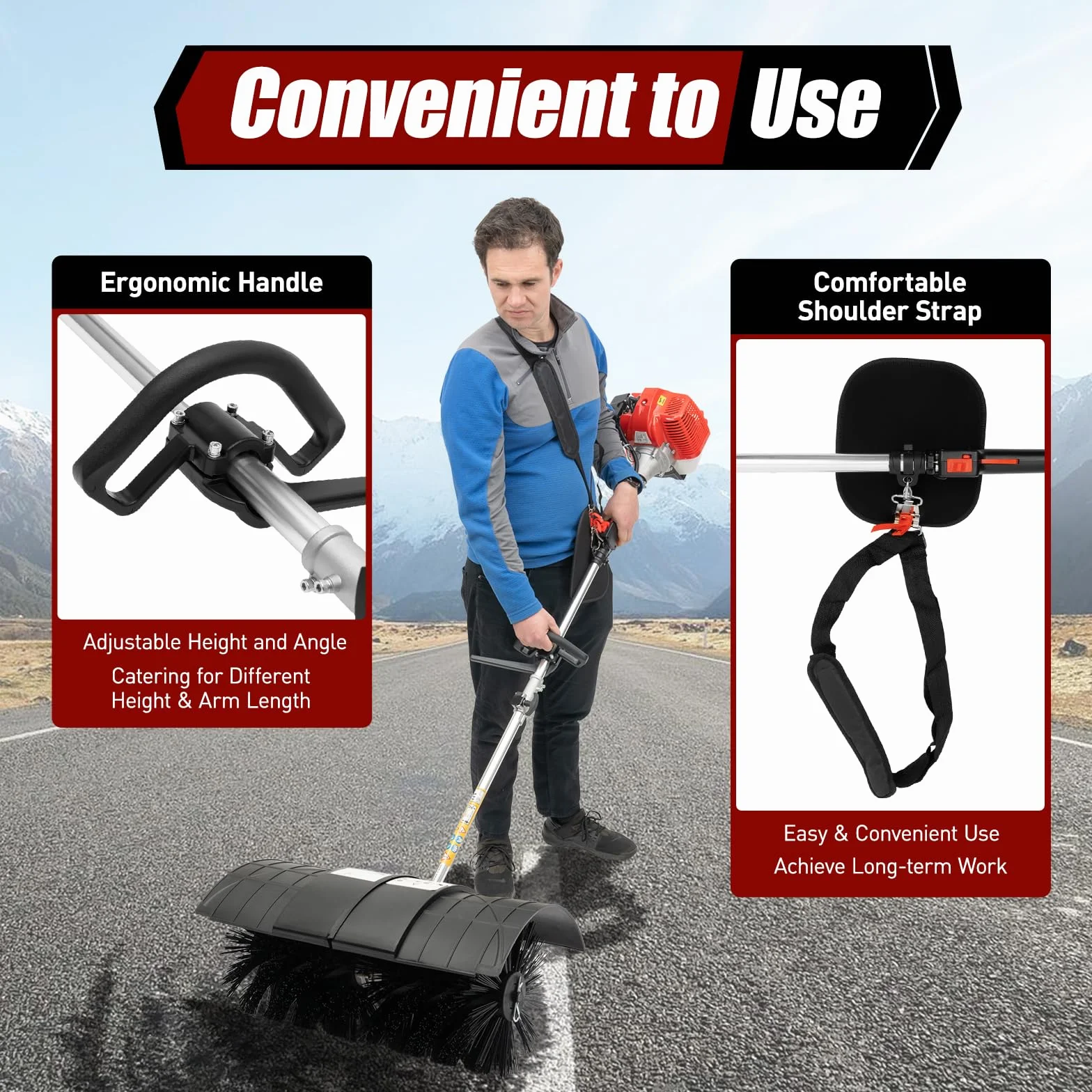 52CC - Spazzatrice portatile a benzina, 1,7 kW/2,3 HP a 2 tempi, raffreddata ad aria, con spazzola da 56 cm di larghezza, per prati, marciapiedi, viali, giardino, prato, neve