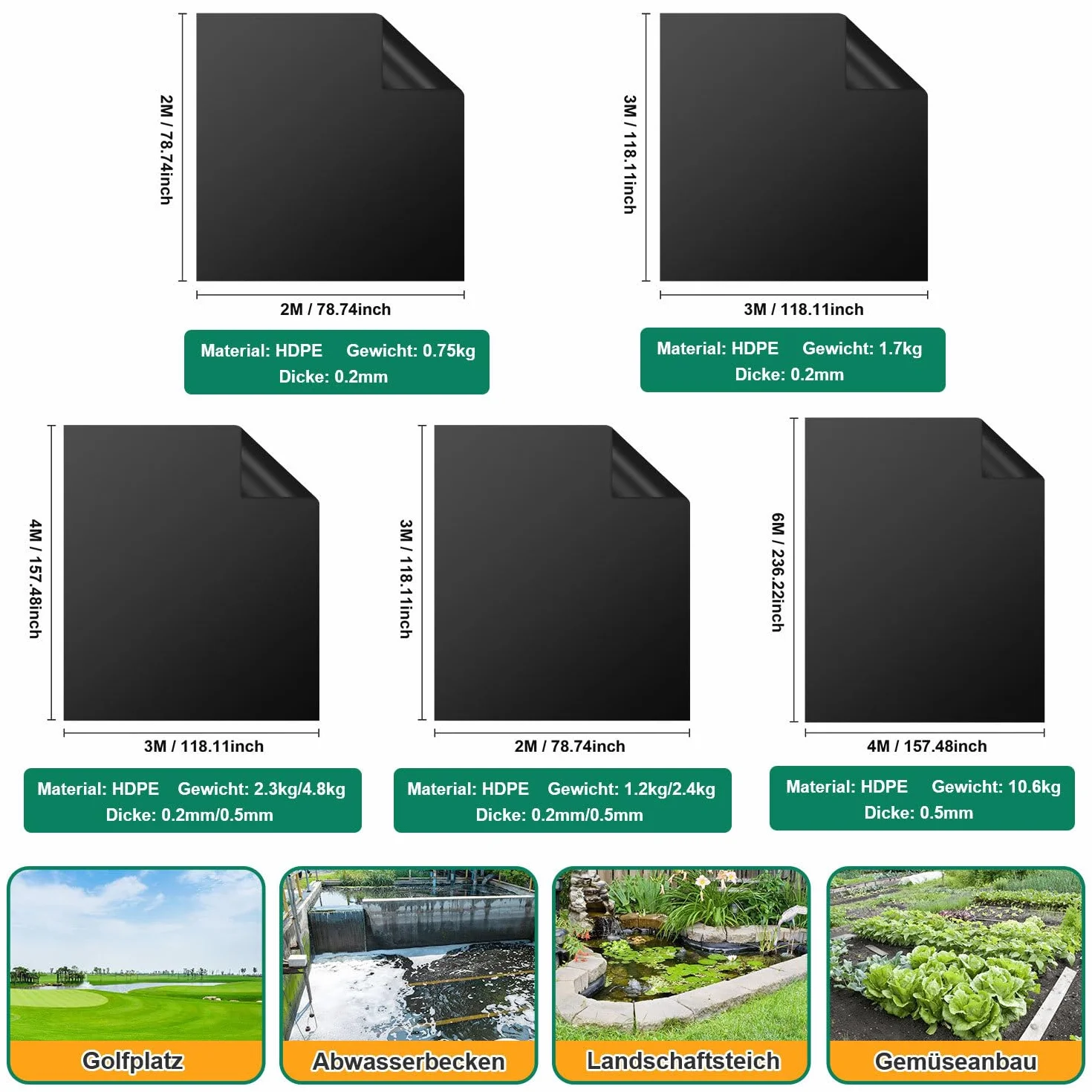 Pellicola per laghetto, 2 x 3 m, in HDPE, da 0,2 mm, stabile pellicola per laghetto, aiuole rialzate, laghetti e giardinaggio