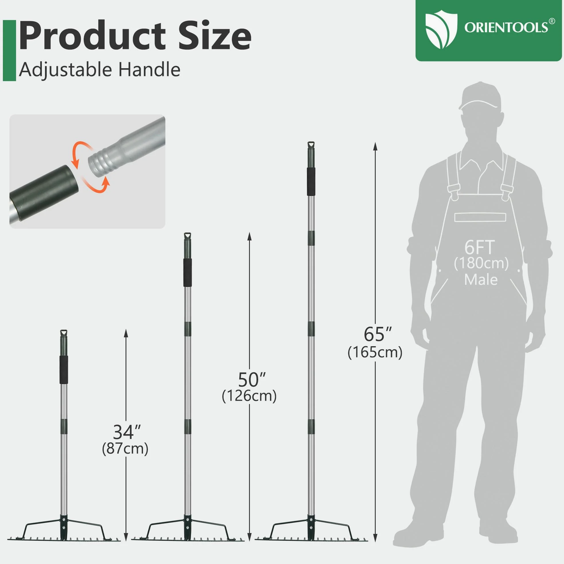 ORIENTOOLS Rastrello da giardino, resistente, 44 cm di larghezza x 160 cm di altezza, verde, 1,7 kg