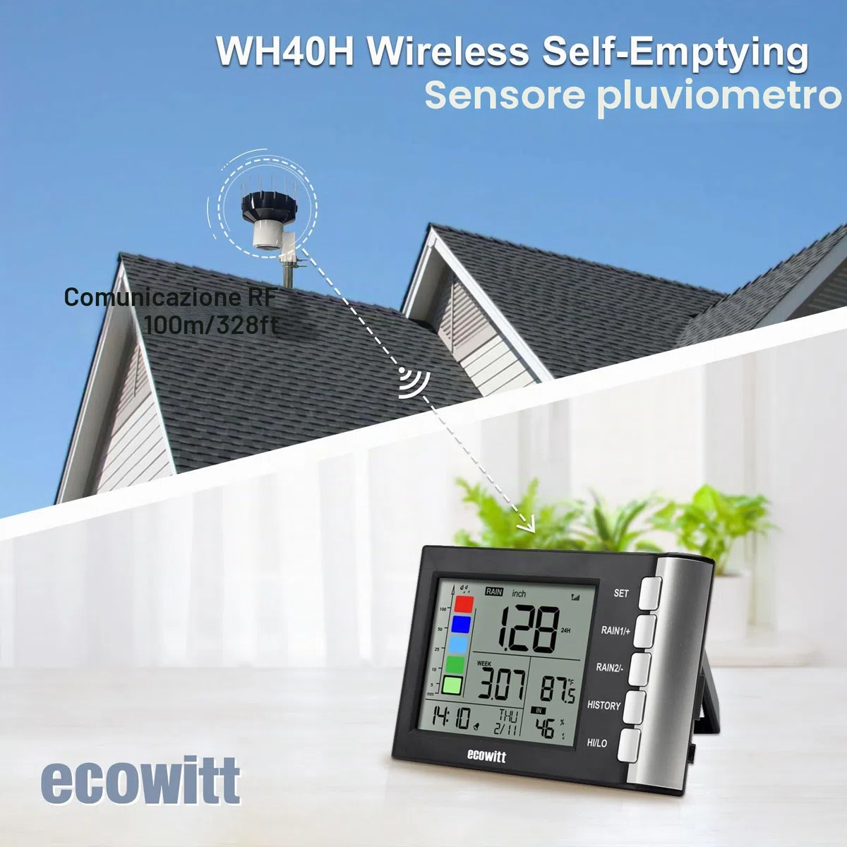 ECOWITT WH5370H - Pluviometro digitale senza fili (con termometro), serbatoio autosvuotante con design migliorato da 3,5 cm per il monitoraggio della pioggia in tempo reale