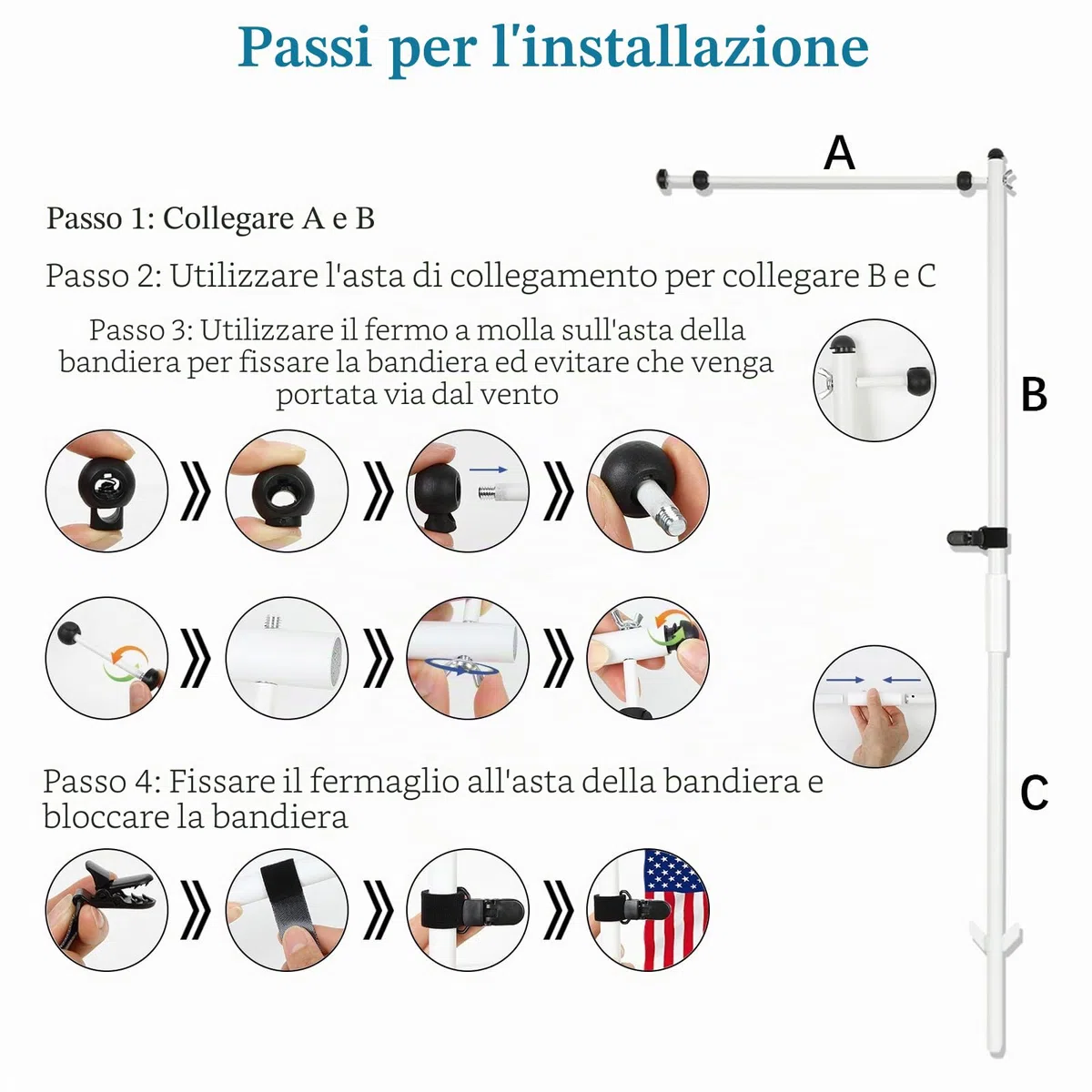 2-Pack asta della bandiera per Garden Flagpole Flagpole staffa di montaggio - Robusto, facile da montare, Incl. Morsetto di montaggio e accessori (bianco)