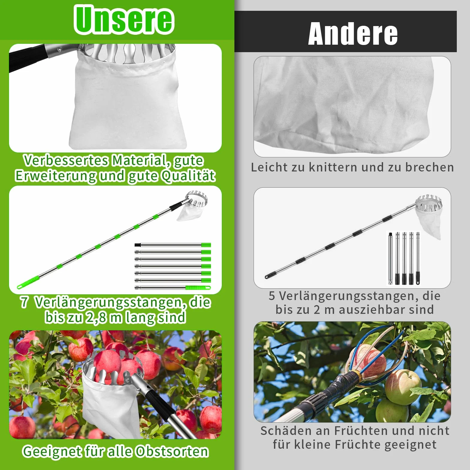 Dreamtop Raccogli Frutta Telescopico 2,8 m, Inox Raccogli Frutta da Albero con Borsa di Tela Extra Spesso, Regolabile Raccoglifrutta per Fichi Nespole Mele Ciliegie