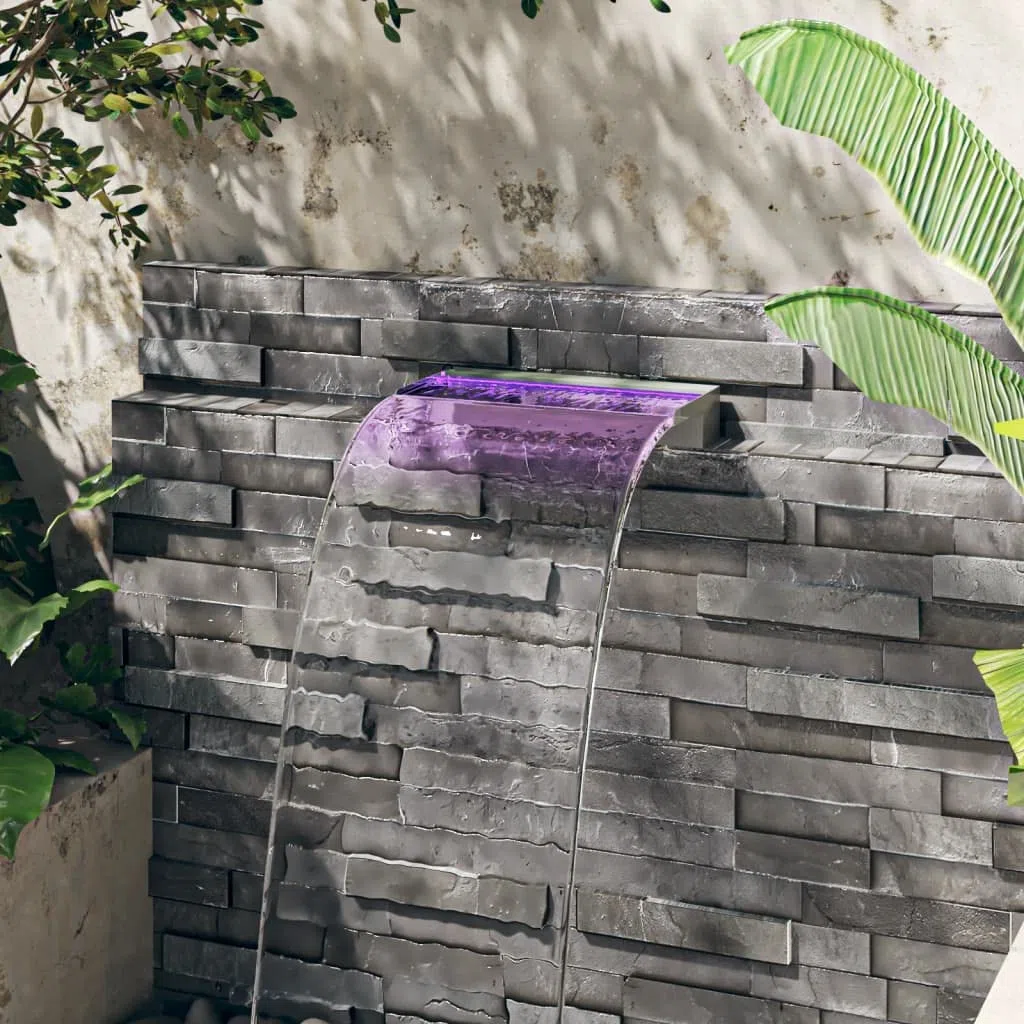 Elemento a cascata in acciaio inox, 45 cm, con LED RGB, gioco d'acqua per fontana da giardino, stagno, fontana a cascata, illuminazione decorativa per terrazza, balcone