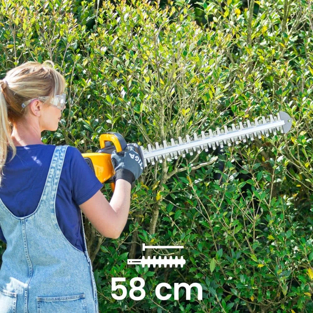 STIGA HT 500e Tagliasiepi A Batteria, 48 V (Batt. Non Incl.), Lama 58 cm – Impugnatura Girevole 180°, Lame Doppia Azione – Per Siepi e Cespugli