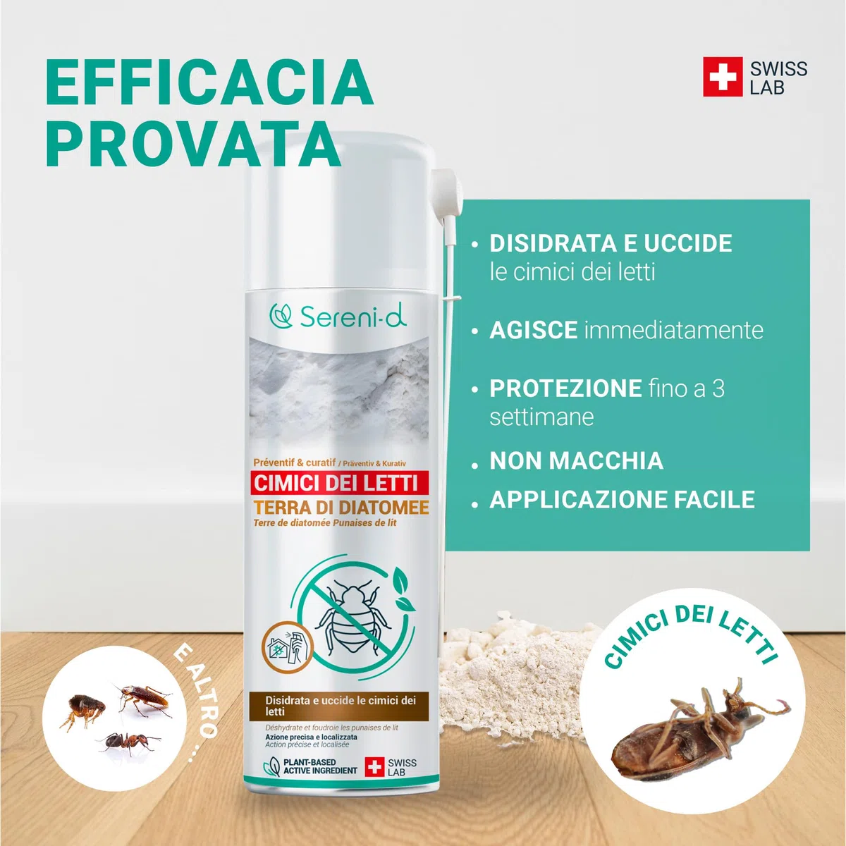 TERRA DI DIATOMEE CIMICI DA LETTO – AEROSOL ANTI CIMICI DA LETTO – EFFICACIA FULMINANTE – Ingredienti 100% naturali - Azione IMMEDIATA ed EFFICACE - Swiss Lab