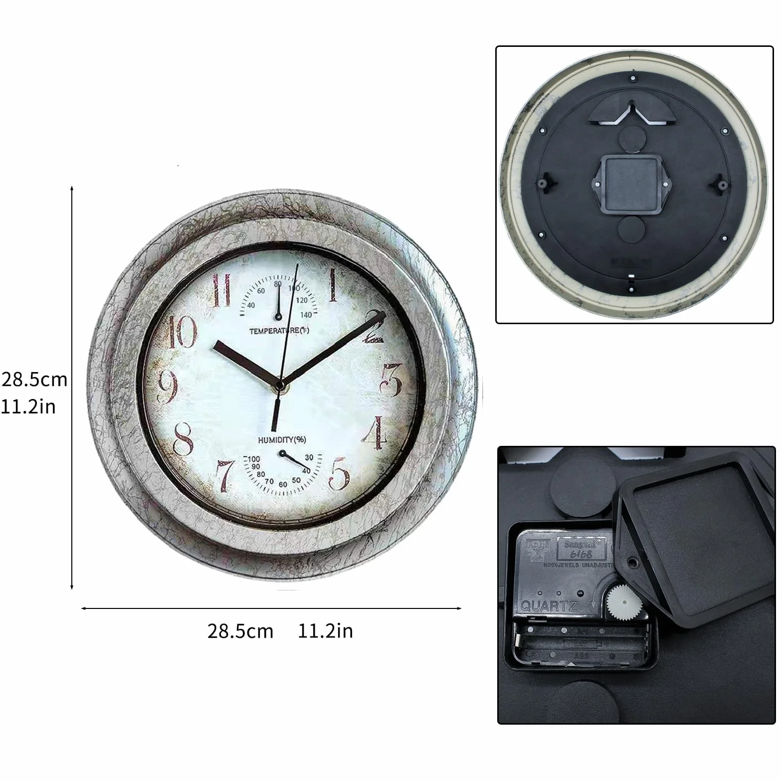 Orologio da parete vintage per esterni, 12 pollici, per interni ed esterni, con termometro e igrometro, stile industriale vintage