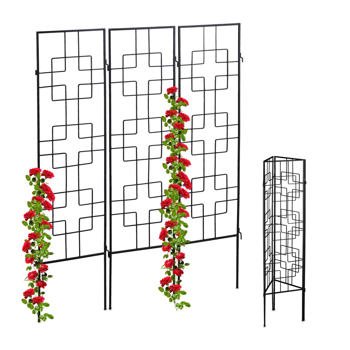 Relaxdays Griglia per Piante Rampicanti, Set da 3 Pannelli da Piantare, 122 x 30,5 cm, Traliccio per Giardinaggio, Nero