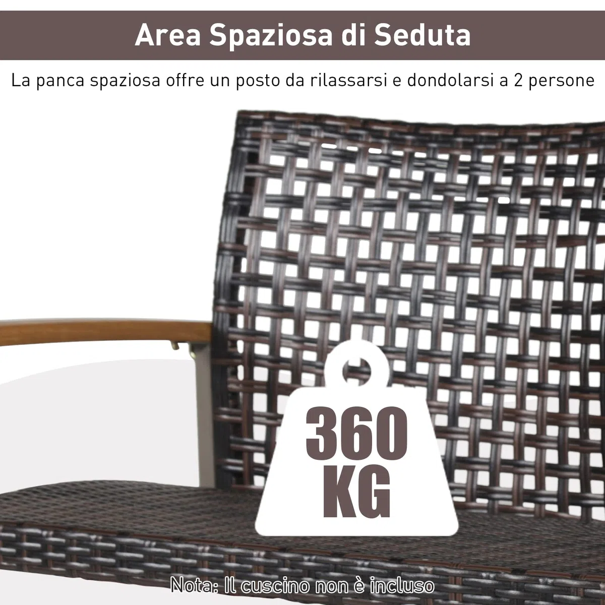COSTWAY Dondolo Sospeso per Esterno a 2 Posti, Altalena da Giardino, Sedia Sospesada Gairdino con Braccioli, per Portico, Capacità di Carico di 360 kg