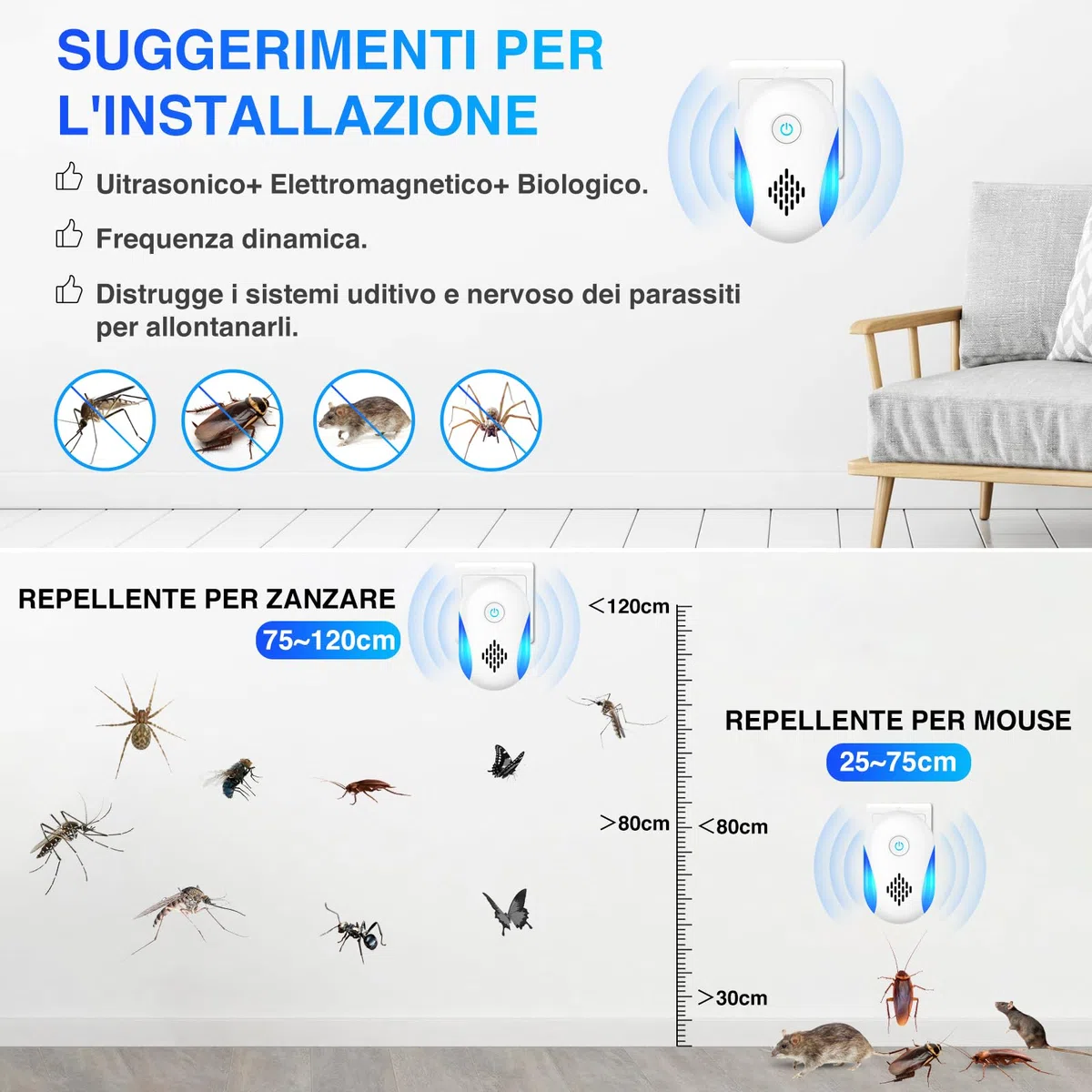 Ultrasuoni per Topi da Interno 4 Pezzi, Repellente Universale per Parassiti, Elimina Formiche, Scarafaggi, Mosche e Ragni, Adatto a Interni Domestici e Aree Commerciali