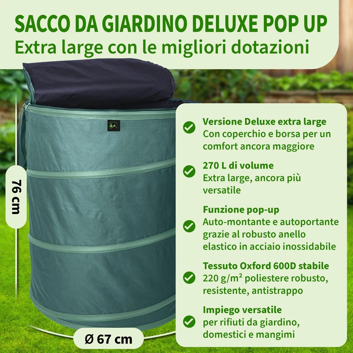 TTL GARDEN Sacco da giardino Deluxe Pop Up da 270 l, con coperchio, 220 g/m², 600D, Oxford, 270 litri, pieghevole, grande, stabile, per il taglio verde, da giardino