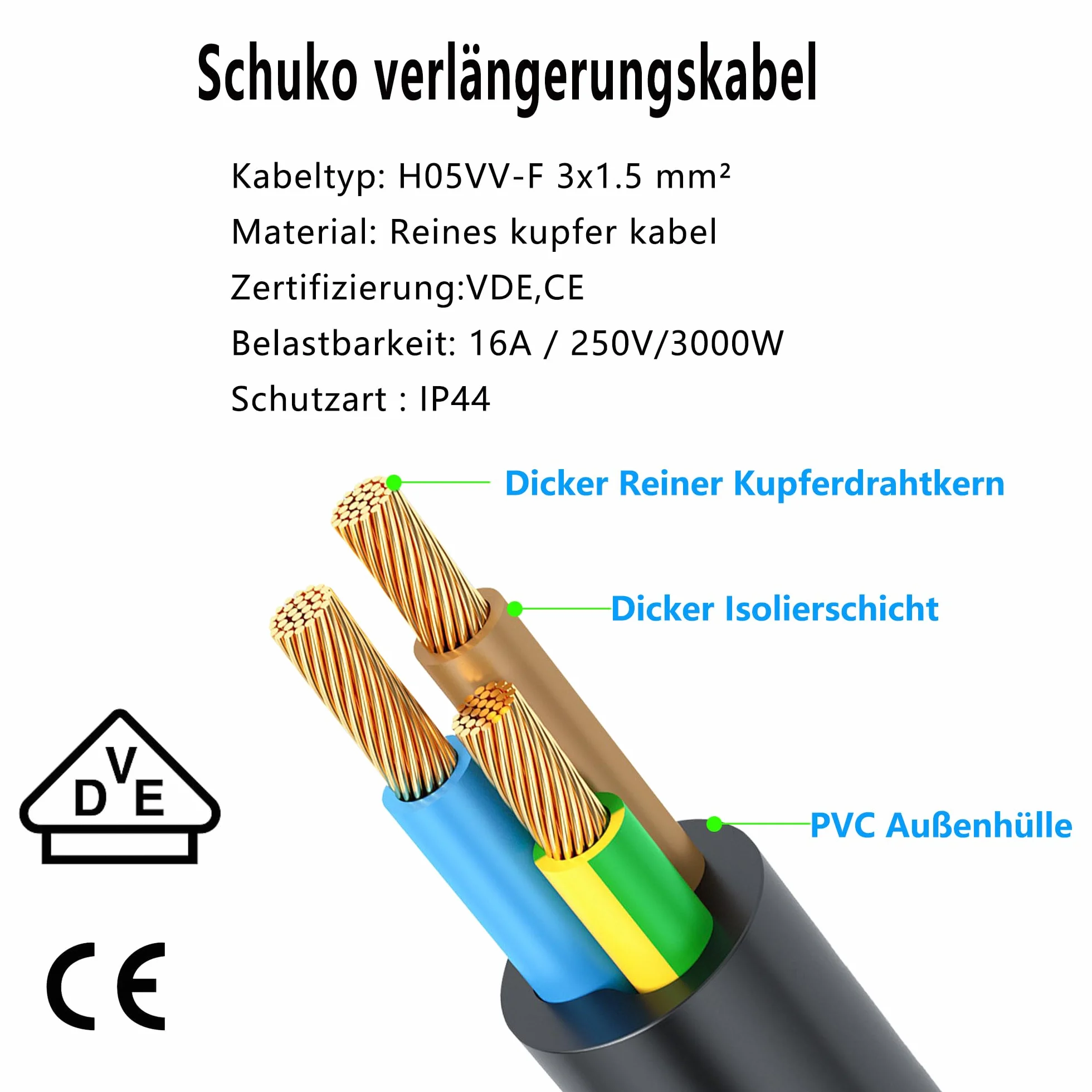 Cavo di prolunga corto Schuko 2 a 1, cavo di prolunga per esterni con spina Schuko, 3 x 1,5 mm², 16 A, 250 V, IP44 per casa, Y (nero diretto, 0,5)