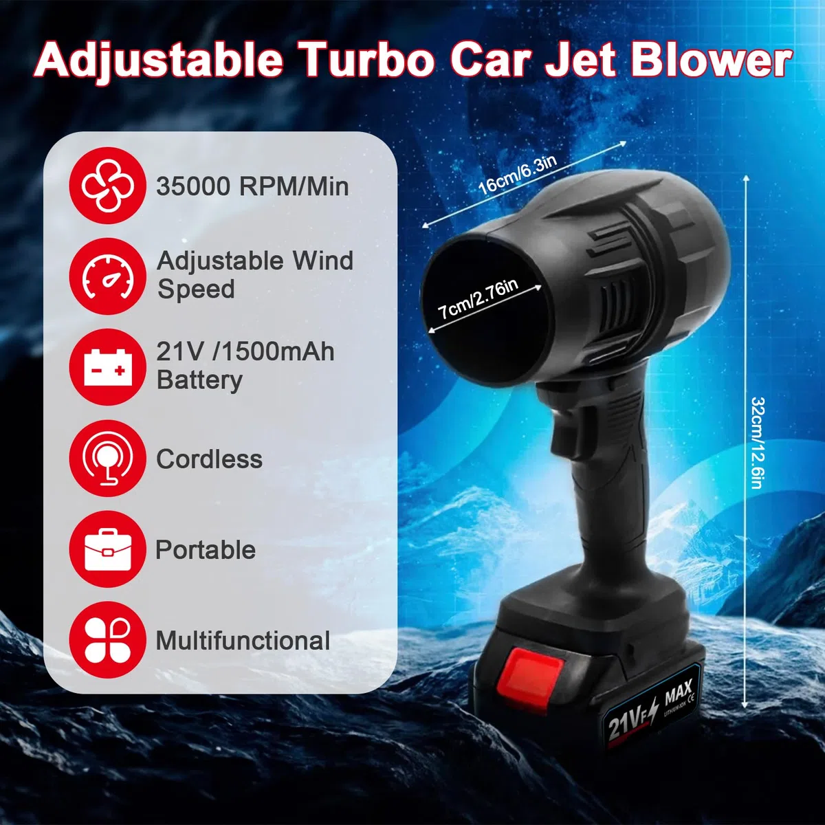 Soffiatore portatile, Spolveratore Elettrico Ricaricabile con 2 Batterie e Caricabatterie, Soffiatore Turbo Regolabile per Auto Compressa Portatile per la Pulizia di Casa e Esterni, Foglie, Neve