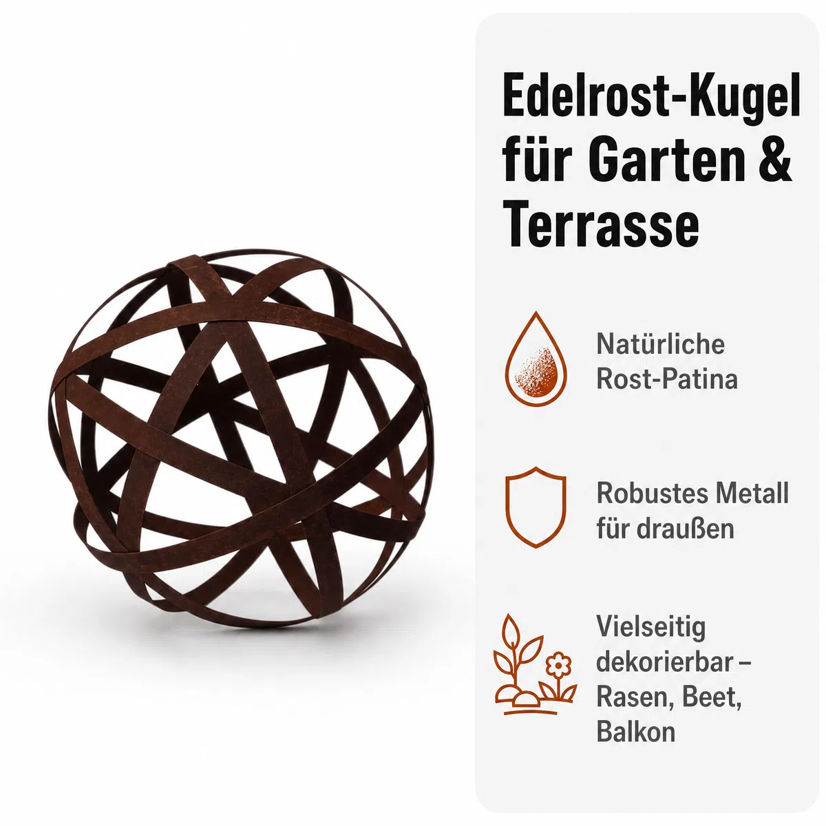 Rostdeko & Decorazione da giardino Sfera (S) in metallo – Decorazione rustica per giardino e terrazza, design semplice, 30 x 30 x 30 cm, effetto ruggine decorativo