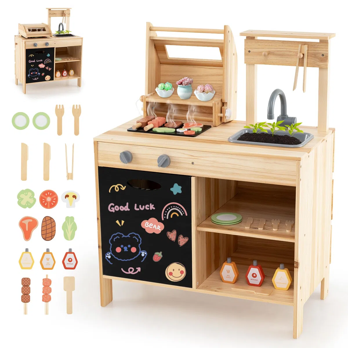 HOMASIS Cucina per Bambini da Esterno, Cucinetta da Gioco con Griglia, Lavagna e Lavello, Cucina Giocattolo con 27 Accessori per Bambini dai 3+ Anni in su, Naturale
