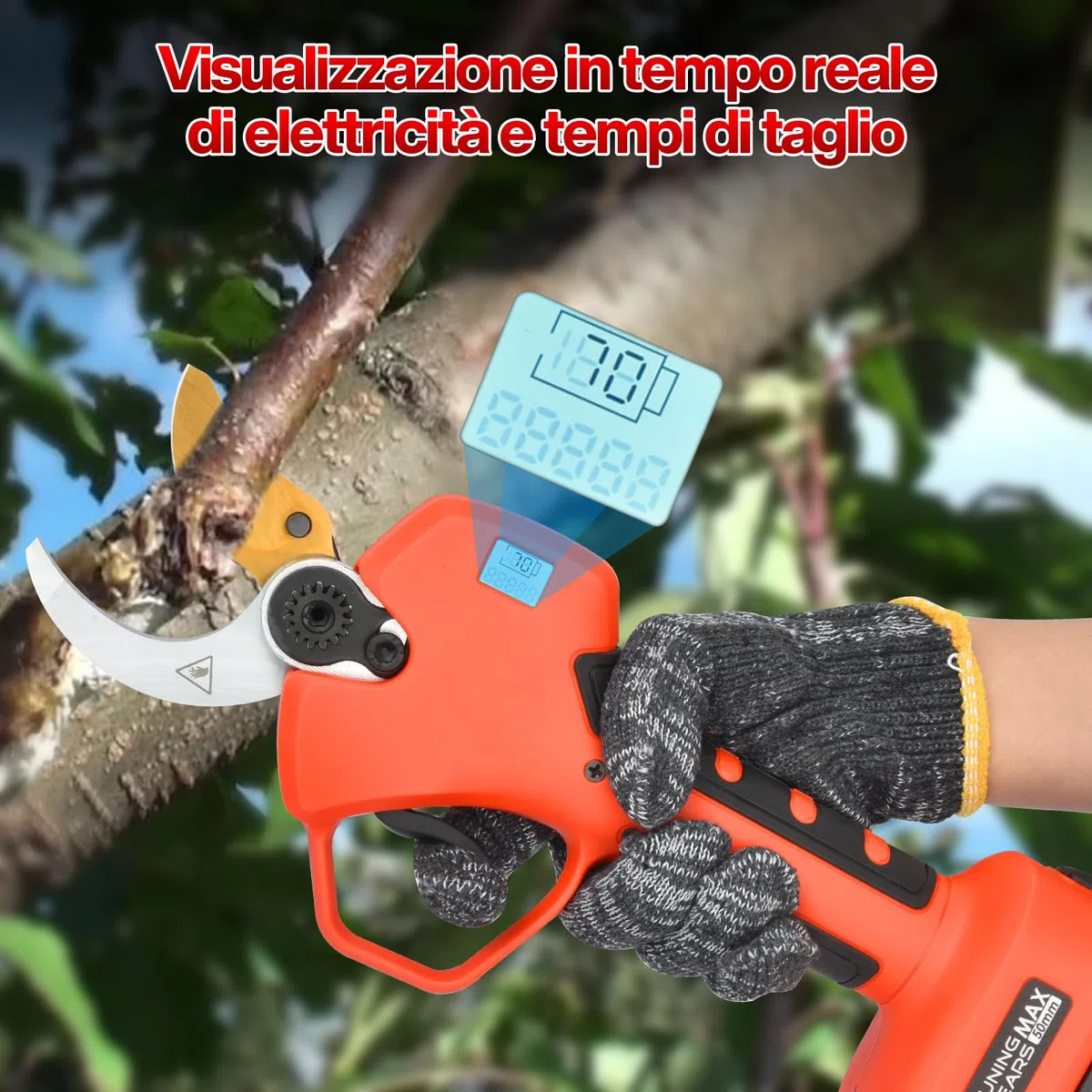 Forbici Potatura a Batteria 50mm 2 x 2000 mAh Brushless 800W | Forbici Elettriche Lama SK5 Schermo LCD Cesoie Elettriche Professionali Regolabile 30-50mm per Potatura Giardino Olivo Ulivo