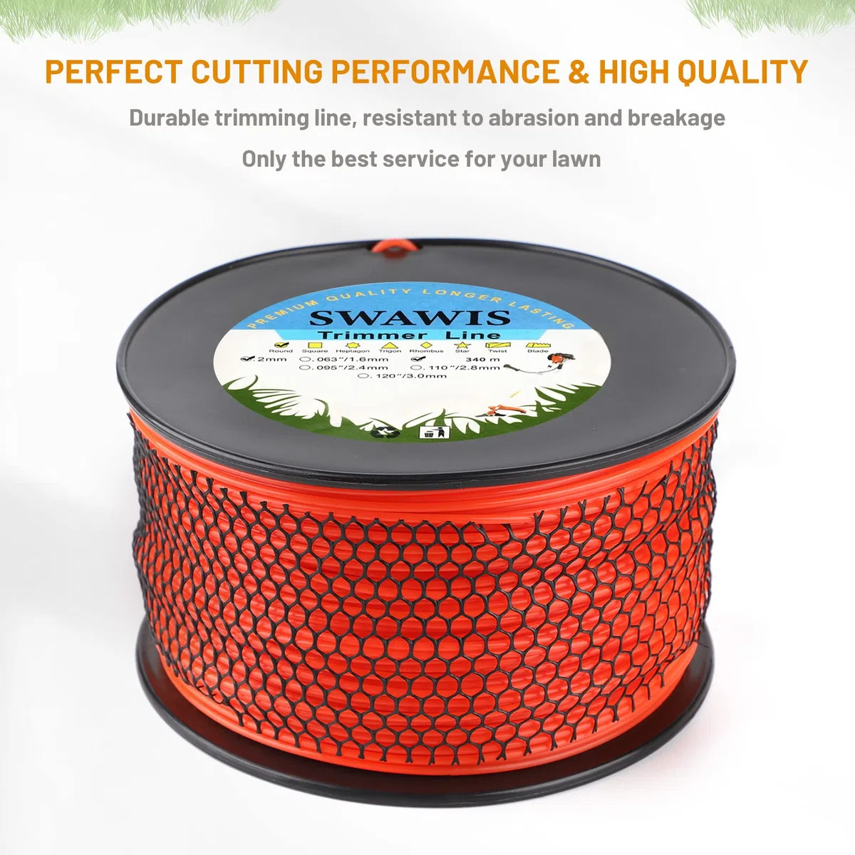 SWAWIS Filo di Ricambio per decespugliatore, 2,0 mm / 340 M, Rotondo, Filo di Ricambio per decespugliatore Weed Grass Yard o Garden, Arancione