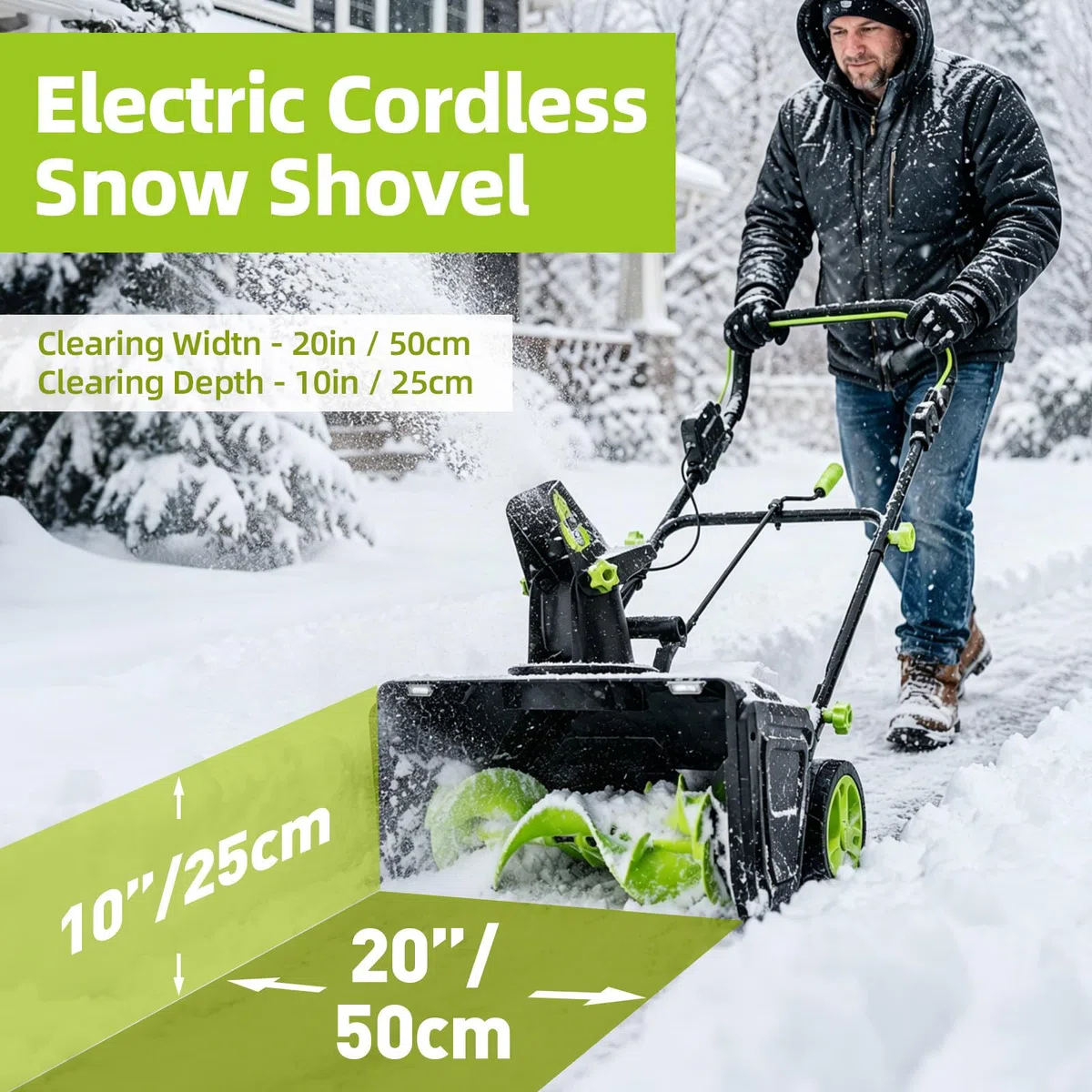 Spazzaneve a Batteria 40V al Litio, Pala da Neve Elettrica con Motore Brushless 3500W, Larghezza 50cm, Lancio Neve 7,6m per Giardino,Vialetto e Ingresso Casa 2Batteries