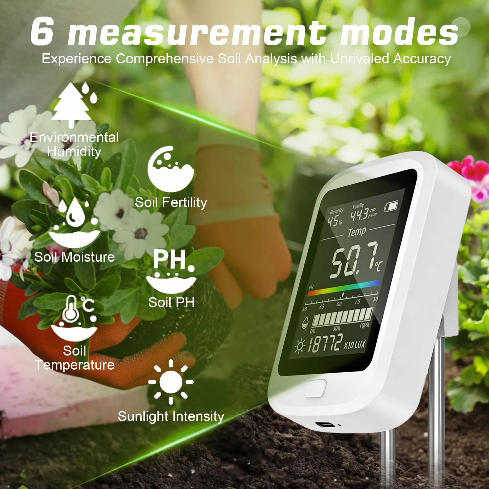 PH Terra, Misuratore di umidità 6 in 1, per piante digitali, misuratore di umidità per terreno con valore PH temperatura umidità luce fertilità per giardino, prato, agricoltura
