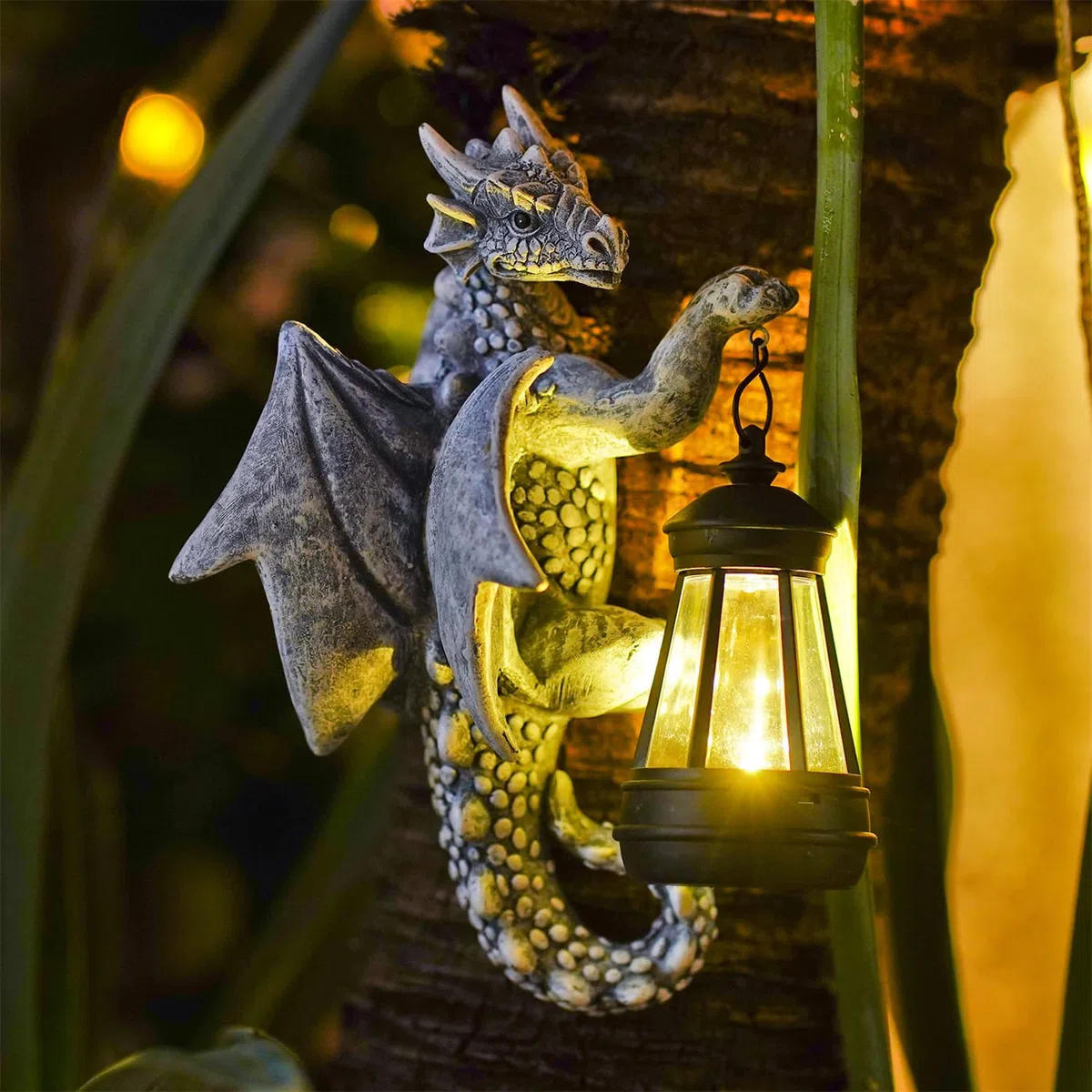 Yeomoo Figure di drago con lampade solari, tronco d'albero, decorazione da giardino per esterni