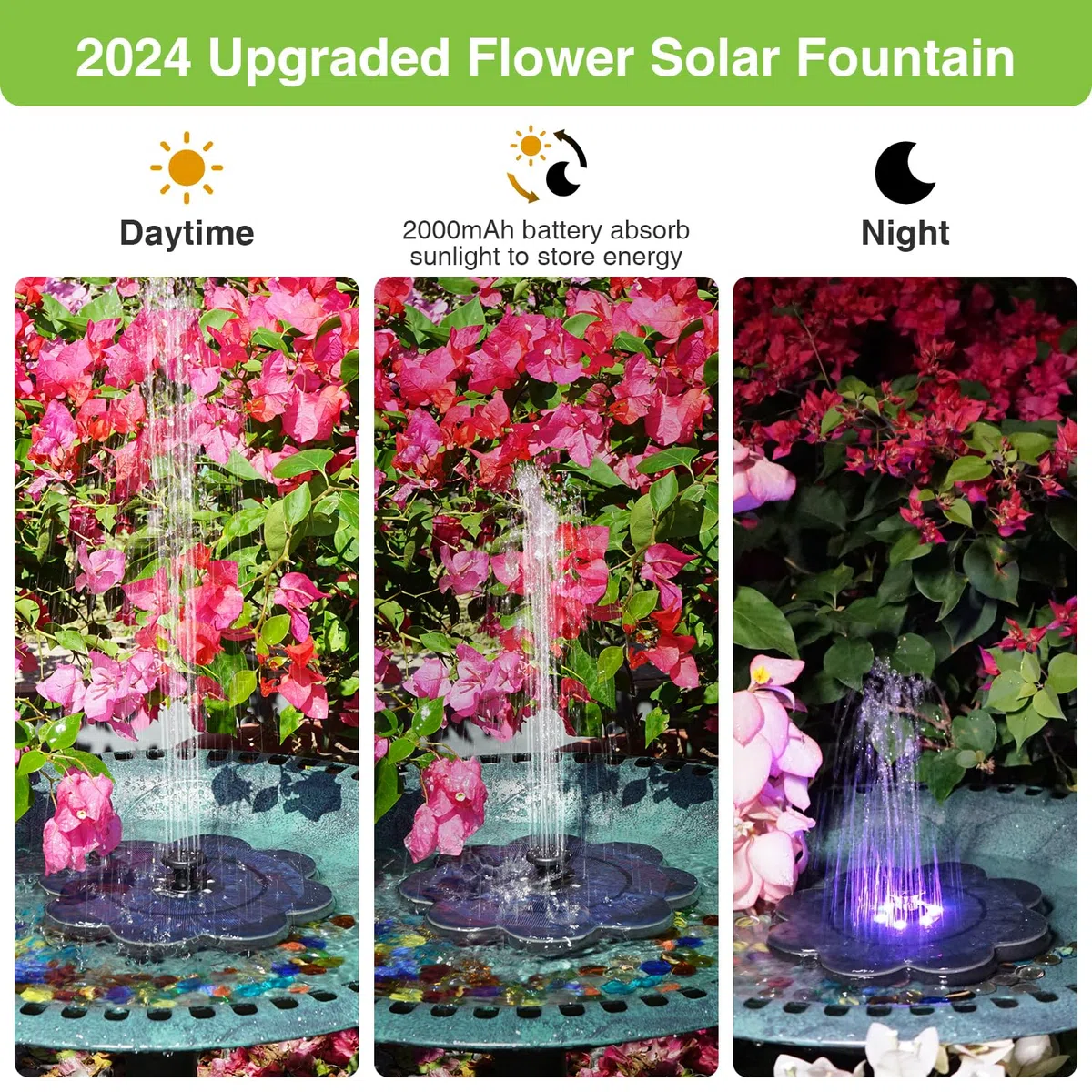 SZMP Fontana Solare Colorato LED, 3.5W Vetro Pompa ad Acqua Solare Fontana, 2000mAh Batteria, 7 Ugelli & 4 Fissatori Esterno Pompa per Laghetto, Piscina, Acquario, Vaso dei Pesci e Bagno