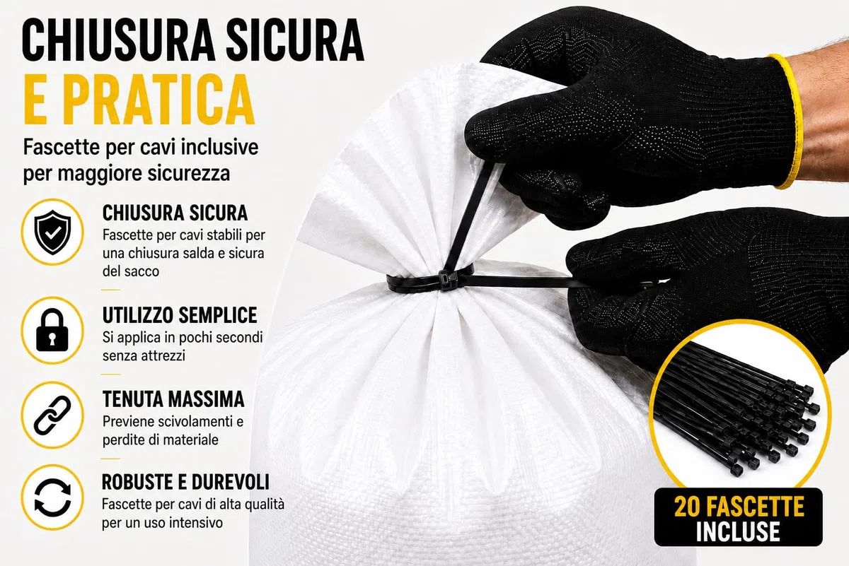 20 sacchetti da cantiere, 95 x 55 cm, in polipropilene intrecciato, ultra resistenti, con 20 fascette e 1 paio di guanti da manipolazione