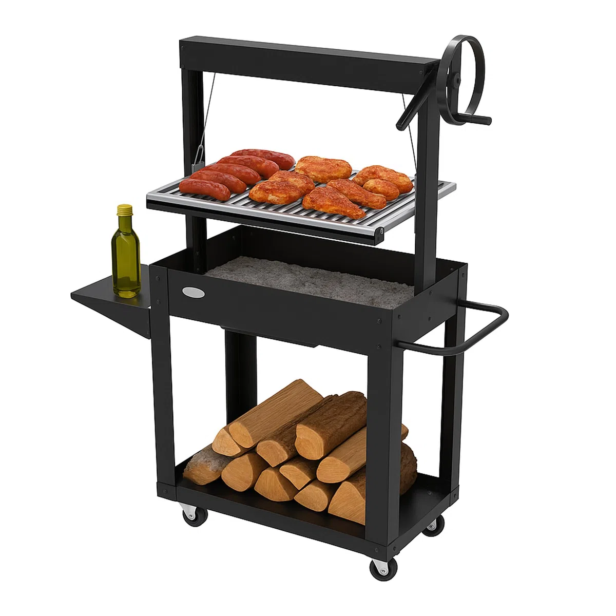Barbecue Carbonella e Legna con Griglia Regolabile a Manovella "SMR" – BBQ con Struttura Robusta con Mensola Ribaltabile e Portalegna
