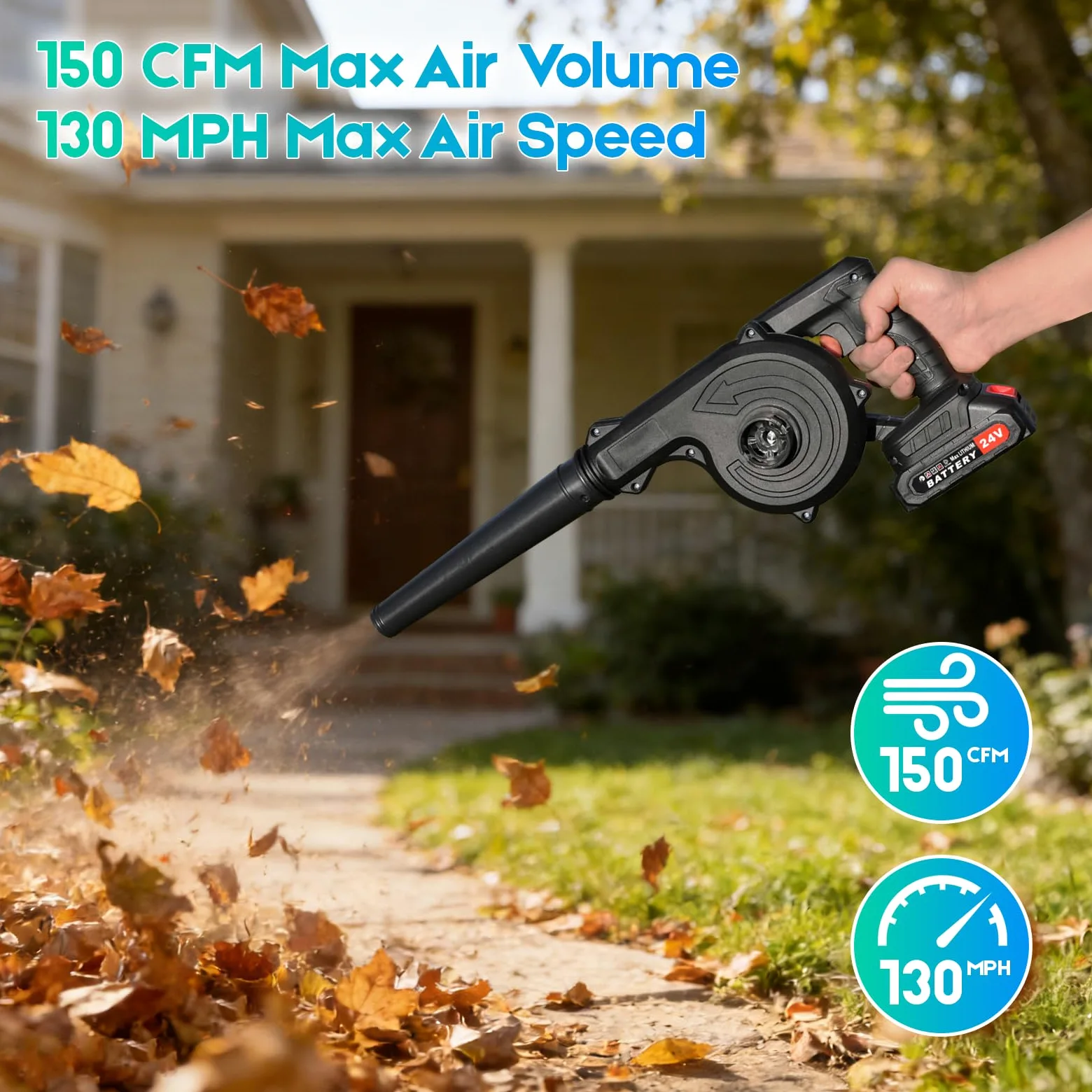 Soffiatore a Batteria Senza Fili 24V – Motore Brushless, 2 Batterie 2000mAh Incluse + Caricabatterie – Leggero e Portatile, per Giardino, Terrazza, Garage, Neve, Polvere e Peli di Animali(Nero)