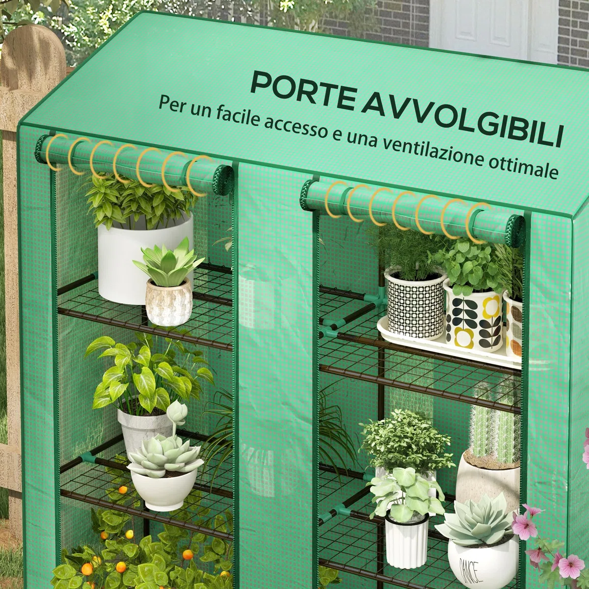 Outsunny Serra da Giardino con Copertura in PE e 6 Mensole a Rete, Serra Addossata da Balcone con 2 Porte Avvolgibili, 143x46x151cm, Verde
