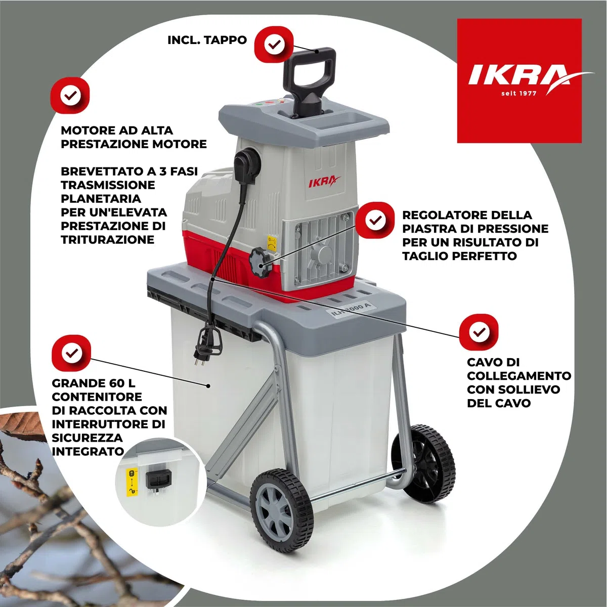 IKRA trituratore elettrico ILH 3000A, con forbici e occhiali di protezione | Motore ad alte prestazioni, silenzioso e robusto, 3000W, alimentazione automatica dei rami Ø 44 mm, retromarcia