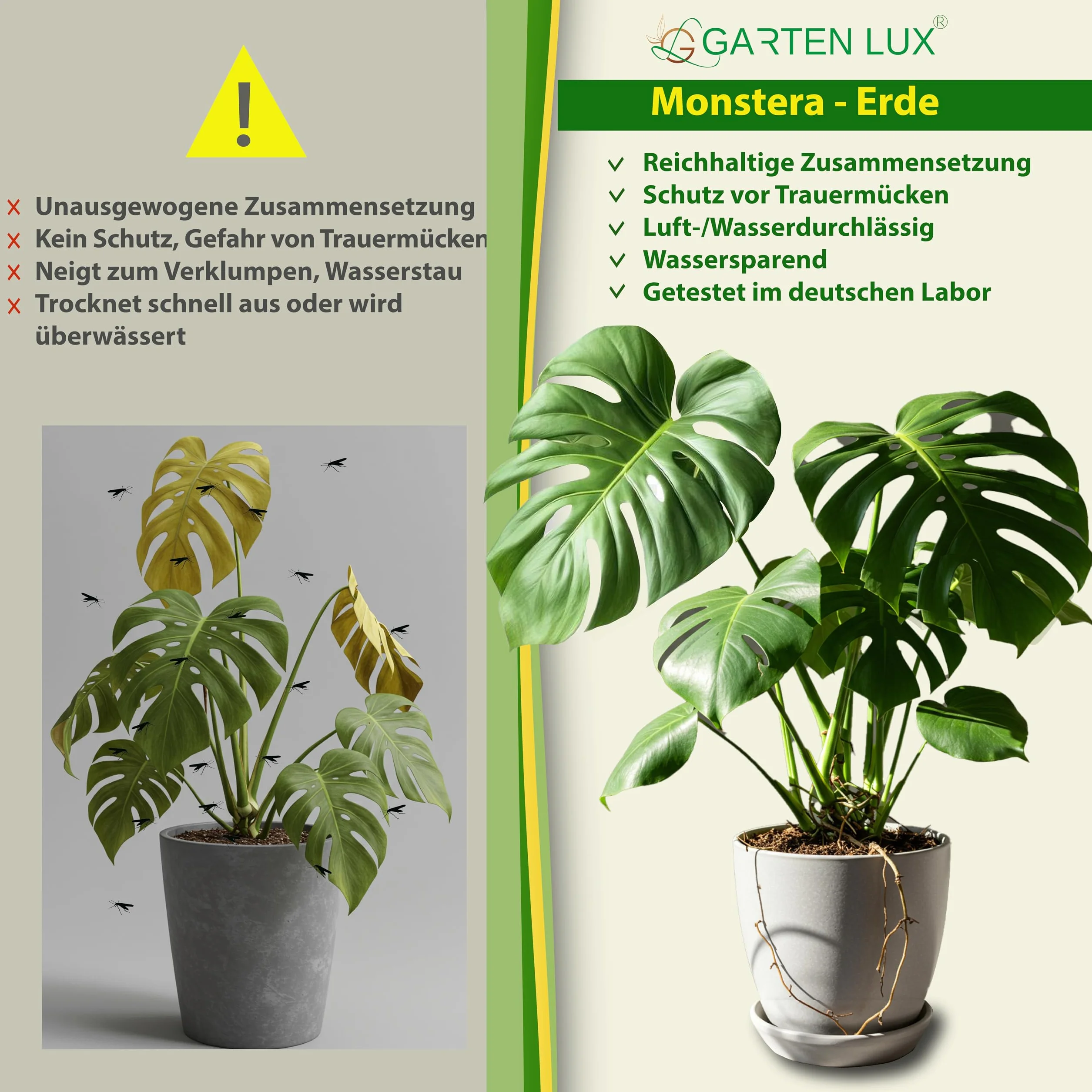 Garten Lux Monstera Terra 4L senza torba - 6-in-1 contro le zanzare lutto | substrato aroideo | terriccio di cocco, perlite, corteccia di pino, biohumus, carbone da giardino + complesso segreto |