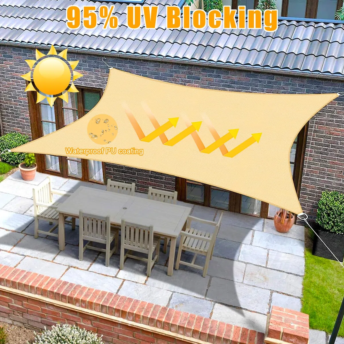 Telo Ombreggiante Impermeabile, Con Kit Fissaggio, Tenda a Vela Impermeabile Rettangolare 2,5x3m Vela Ombreggiante Parasole Protezione Raggi UV per Esterno Giardino terrazza Colore Beige