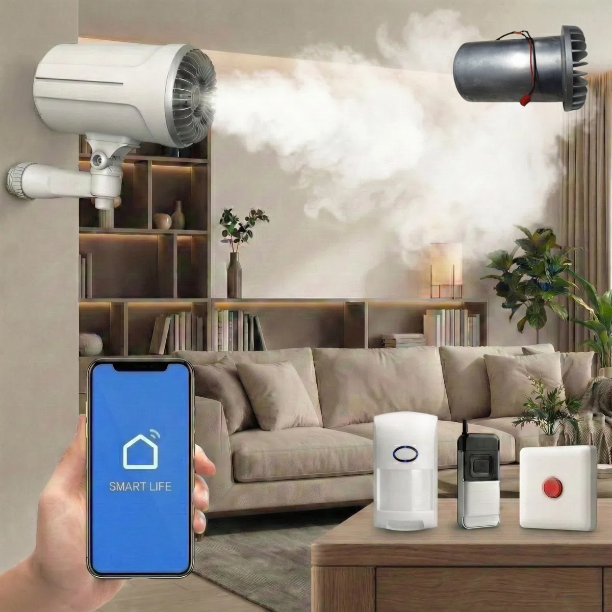 Generatore di Nebbia Anti-furto sicurezza Anti-intrusione SENZA ABBONAMENTO, Compatibile SmartLife/Tuya, Diffusione Rapida per Casa e Negozio, fino a 100 m³.