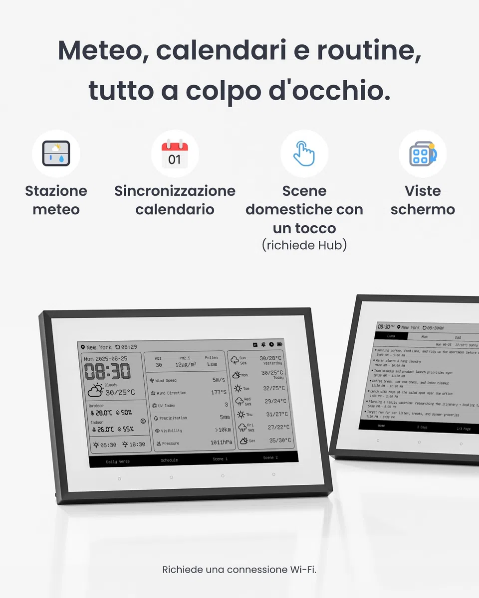SwitchBot Smart Dashboard domestica E-Ink, Monitor wireless 7,5” per temperatura e umidità interne/esterne con calendario, Wi-Fi 2,4GHz e BLE, compatibile con Google, iCloud, Outlook