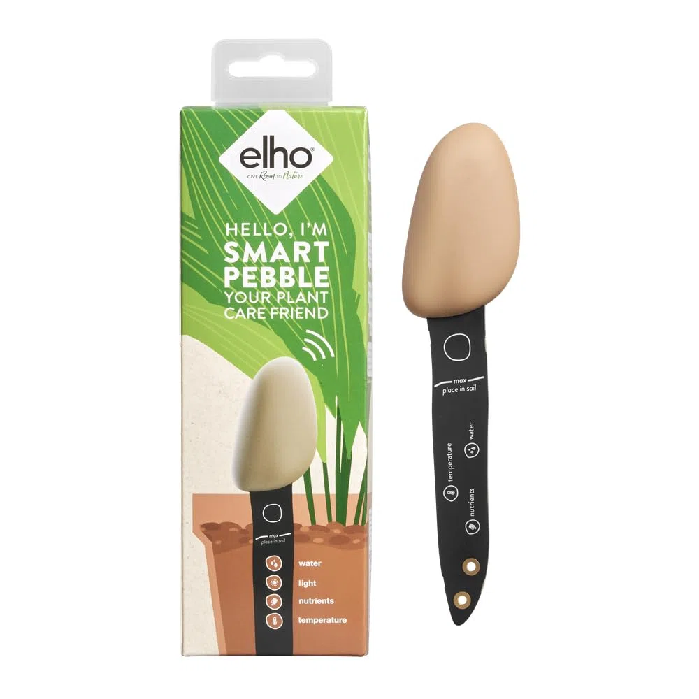 Elho Smart Pebble - Contatore Intelligente per Piante - Sensore di umidità, Luce e Fertilizzante per Interni - Cura delle Piante con App - L 4,0 x P 5,0 x A 17,3 cm - Marrone Terroso