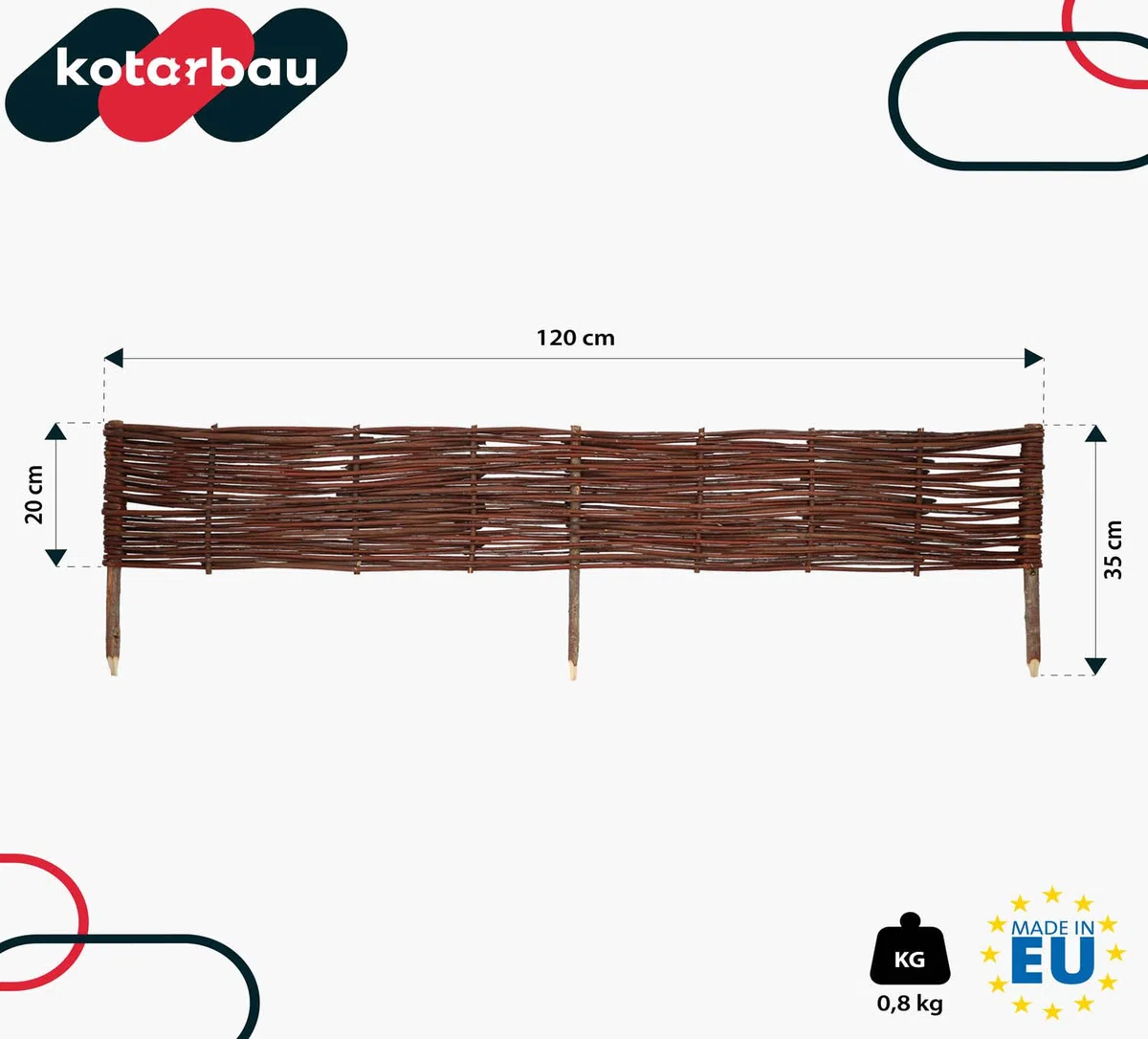 KOTARBAU® 10 pezzi Staccionata in Legno per Giardino - Recinzione in Vimini - 120 x 20 cm - Marrone - Staccionata Giardino Esterno - Steccato in Legno - Decorazione Da Esterno