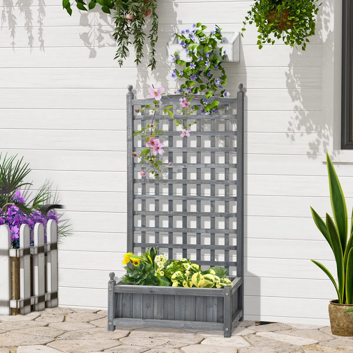 Outsunny fioriera per aiuole rialzate con traliccio fioriera per piante rampicanti arco di rose con supporto per piante rampicanti giardino legno grigio 64 x 28 x 120 cm