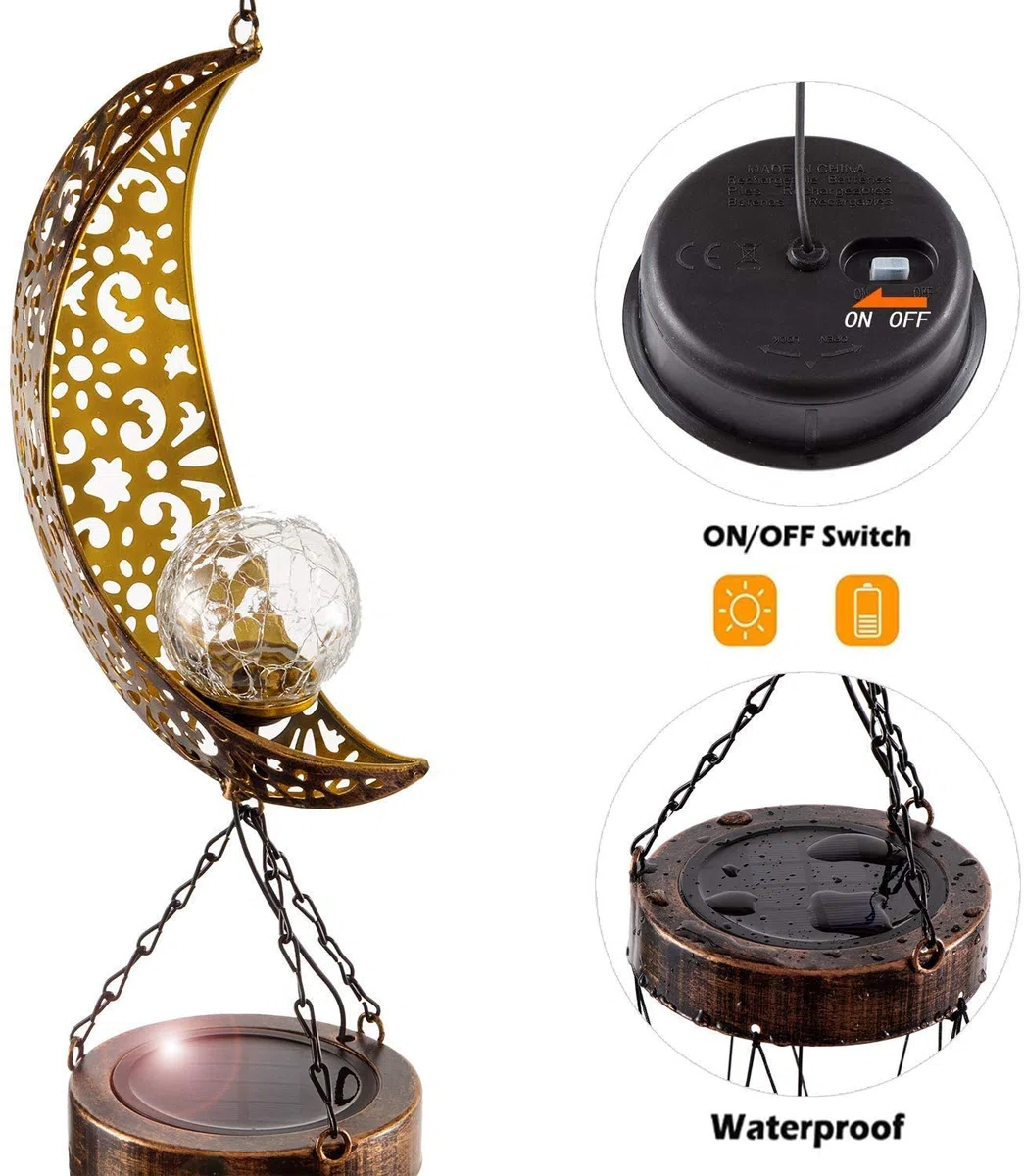 lifemet Campanelli a vento con luci solari a LED, luci notturne a forma di luna, per esterni, giardino, impermeabile, in metallo, per patio, terrazza, prato, cortile