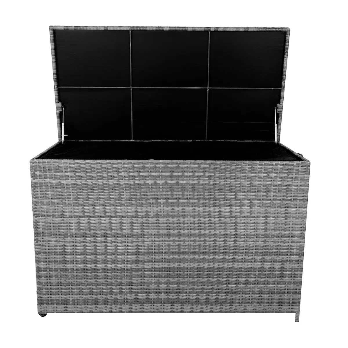 Box Contenitore Rattan Giardino 996L Grigio Rivestimento Impermeabile con Zip Baule Grande per Cuscini Coperte Attrezzi Giochi Telaio Acciaio Resistente Agenti Atmosferici Coperchio Pistoni Gas Ruote