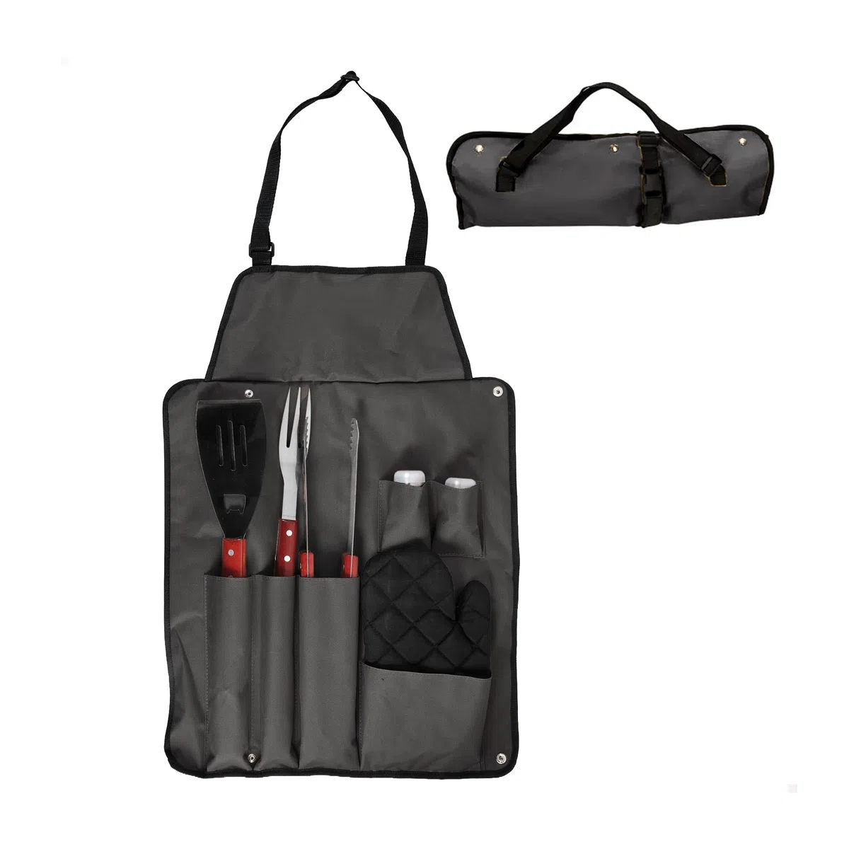 Amig - Grembiule barbecue con 7 accessori - Acciaio inossidabile - Set utensili BBQ - Con tasche - Accessori pratici e presentazione curata per regalo - Mod. AM17