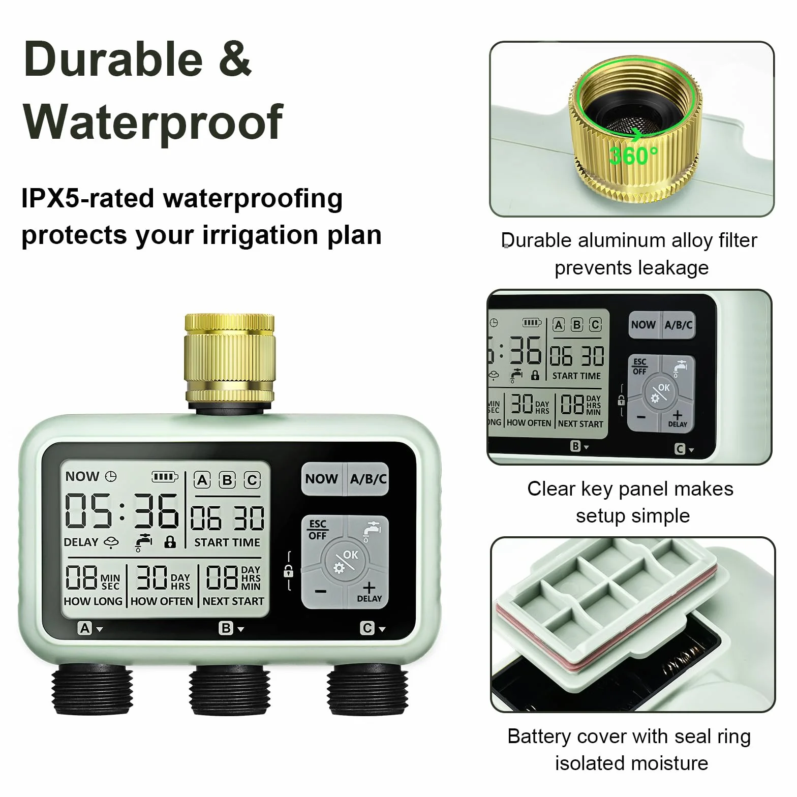 Johgee Computer di irrigazione 3 uscite indipendenti con ingresso in ottone, orologio digitale per irrigazione con ritardo della pioggia, controllo automatico/manuale di irrigazione, timer per